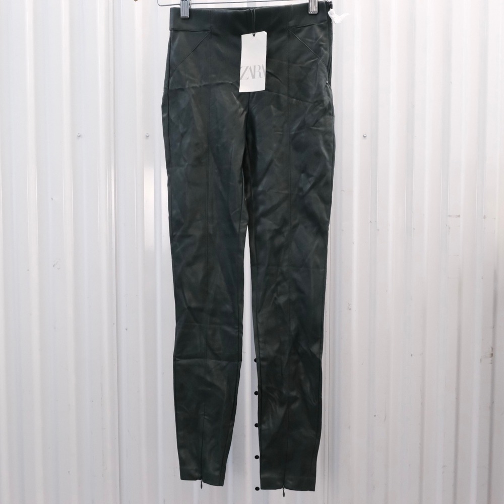NWT ZARA Faux Leather Leggings Pants‎ Dark Green Mid-Rise Women's Size XS